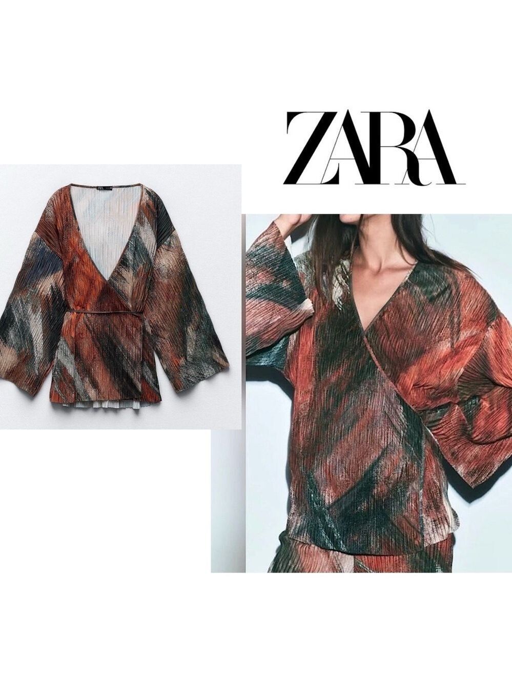 Zara multicolored abstract print pleated kimono sleeve wrap blouse top M NWOT